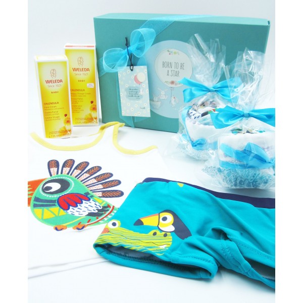 Canastilla Ecológica Bebé con Cremas WELEDA y dos Cupcakes (hechos con bañador, camiseta y pañales) | Para Niños